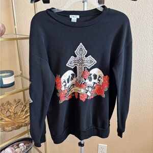 Rue21 Black Sweatshirt with Cross and Skull Motif